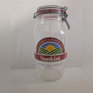Vintage Clear Glass Jar with Snap Lid. Sunkist California Pistachios.